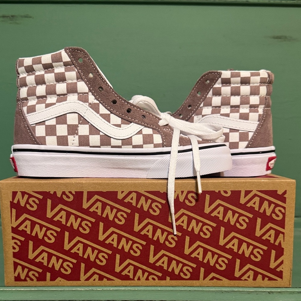 Vans Kids High-Top Checkerboard Sneakers - Tan and White